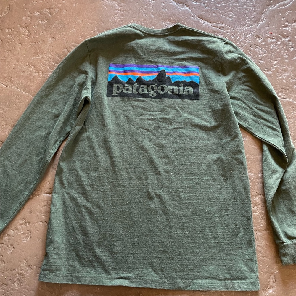 Patagonia Olive Green Long Sleeve Tee with Multicolor Logo